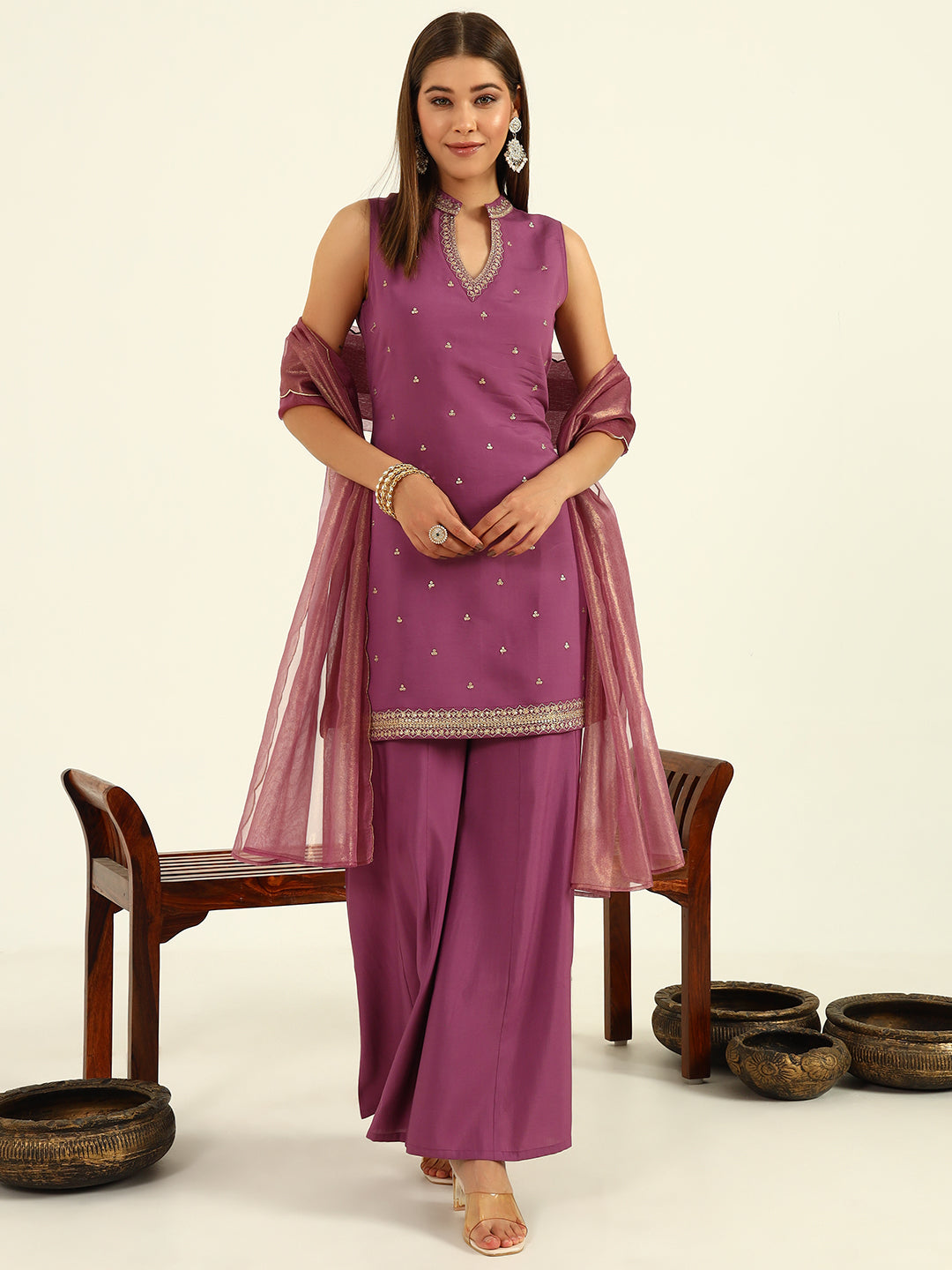 FIORRA Women's Lavender Viscose Chanderi Straight Kurta with Palazzo and Dupatta